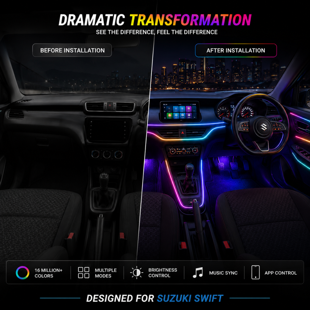 Before versus after interior lighting comparison of Suzuki Swift cabin showing stock dark interior versus vibrant RGB lighting.