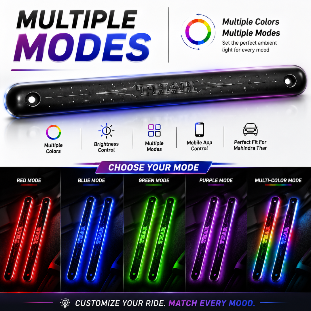 Demonstration of multiple color modes on Thar door trim ambient panels showing Red, Blue, Green, Purple, and Multi-color.