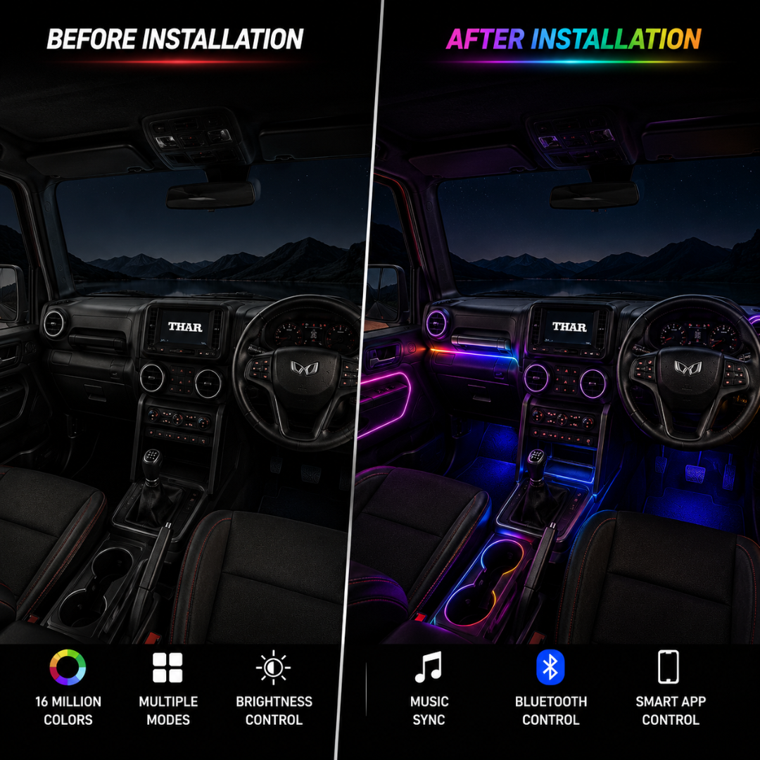 Before versus after interior lighting comparison of Mahindra Thar cabin showing stock dark interior versus vibrant RGB lighting.