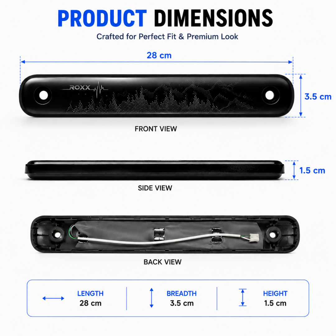 Dimension diagram showing Mahindra Thar ROXX door trim ambient light panel measuring 28 cm length by 3.5 cm width.