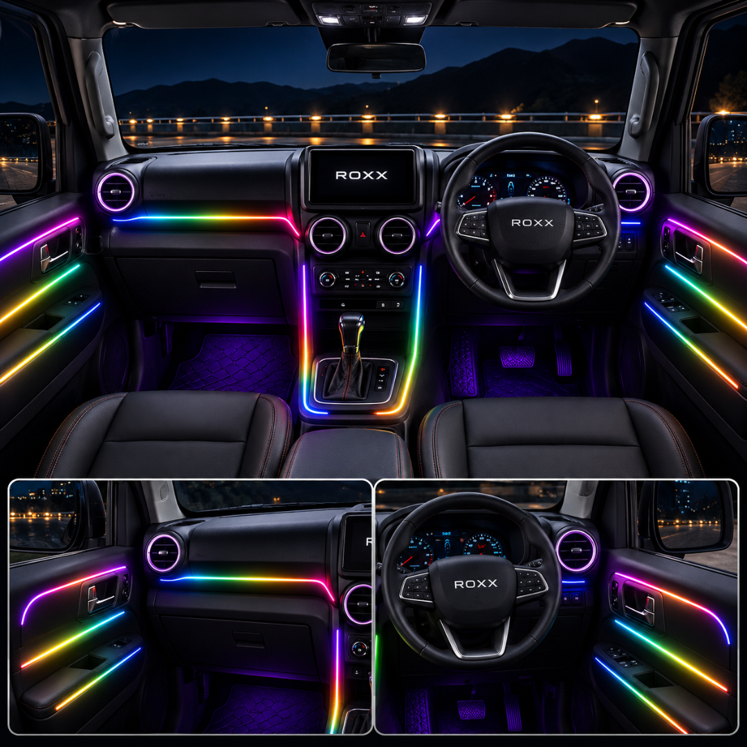 Nighttime cabin perspective view of Mahindra Thar ROXX showing custom dashboard, door trim, footwell, and roof line RGB ambient light glow.