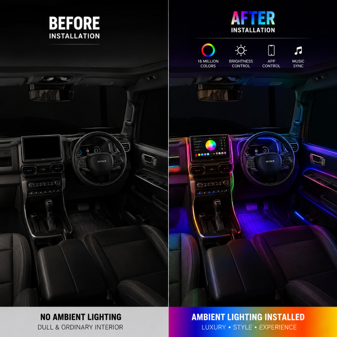 Before versus after interior lighting comparison of Mahindra Thar ROXX cabin showing stock dark interior versus vibrant RGB lighting.