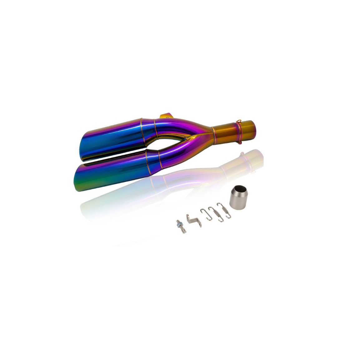 AutoPowerz Universal dual barrel slip-on motorcycle exhaust muffler in burnt blue and titanium gold finish with mounting springs.
