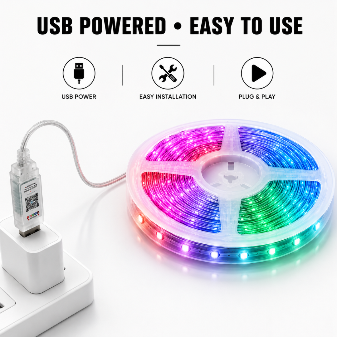 USB powered 5V plug and play design showing Autopowerz 10M light strip connected to standard power adapter.