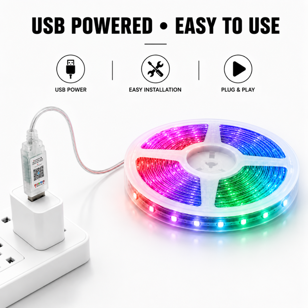 USB powered 5V plug and play design showing Autopowerz 5M light strip connected to standard power adapter.