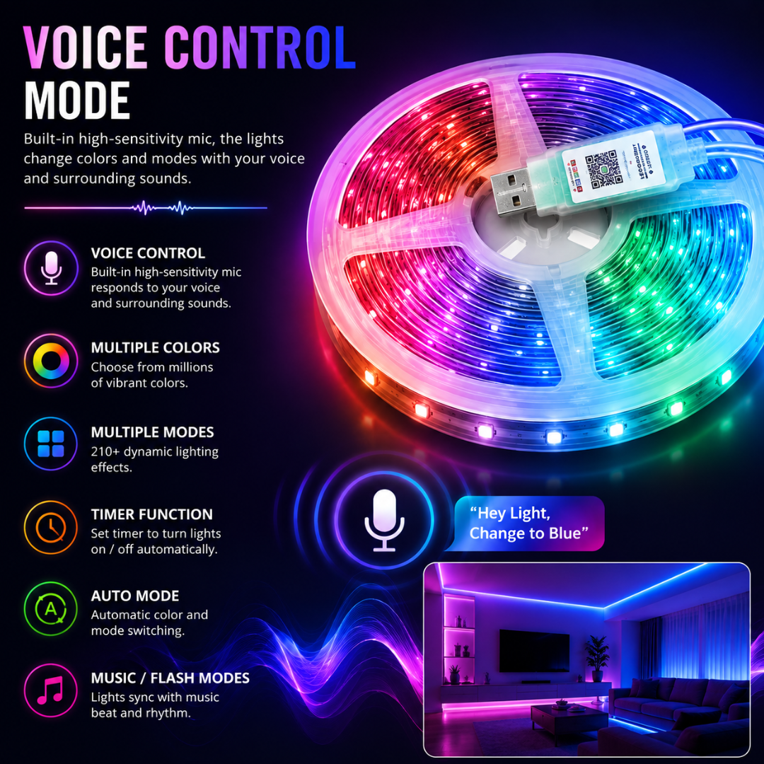 Voice control mode demonstration with built-in microphone responding to party, gaming, movie, and singing voice rhythms.
