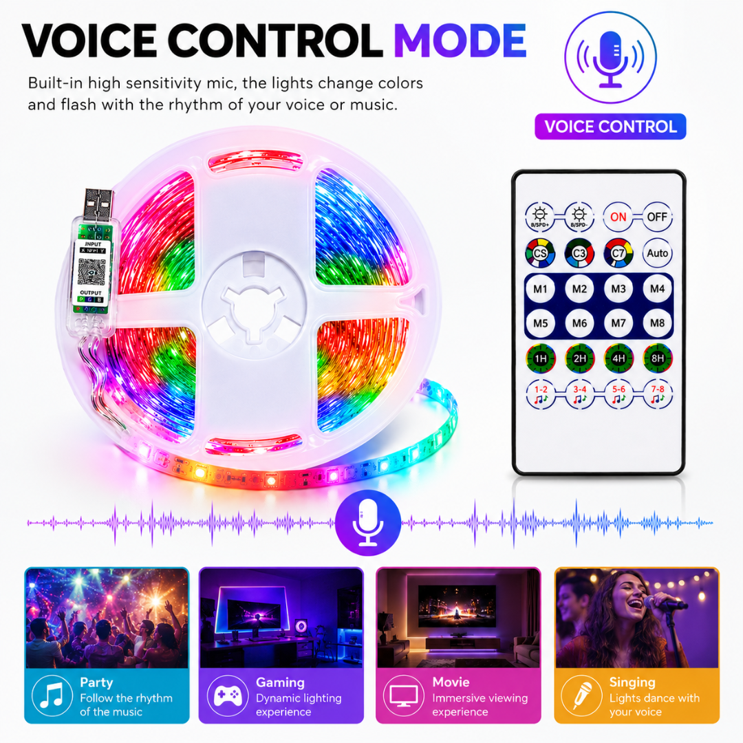 Voice control mode demonstration with built-in microphone responding to party, gaming, movie, and singing voice rhythms.