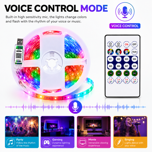 Voice control mode demonstration with built-in microphone responding to party, gaming, movie, and singing voice rhythms.