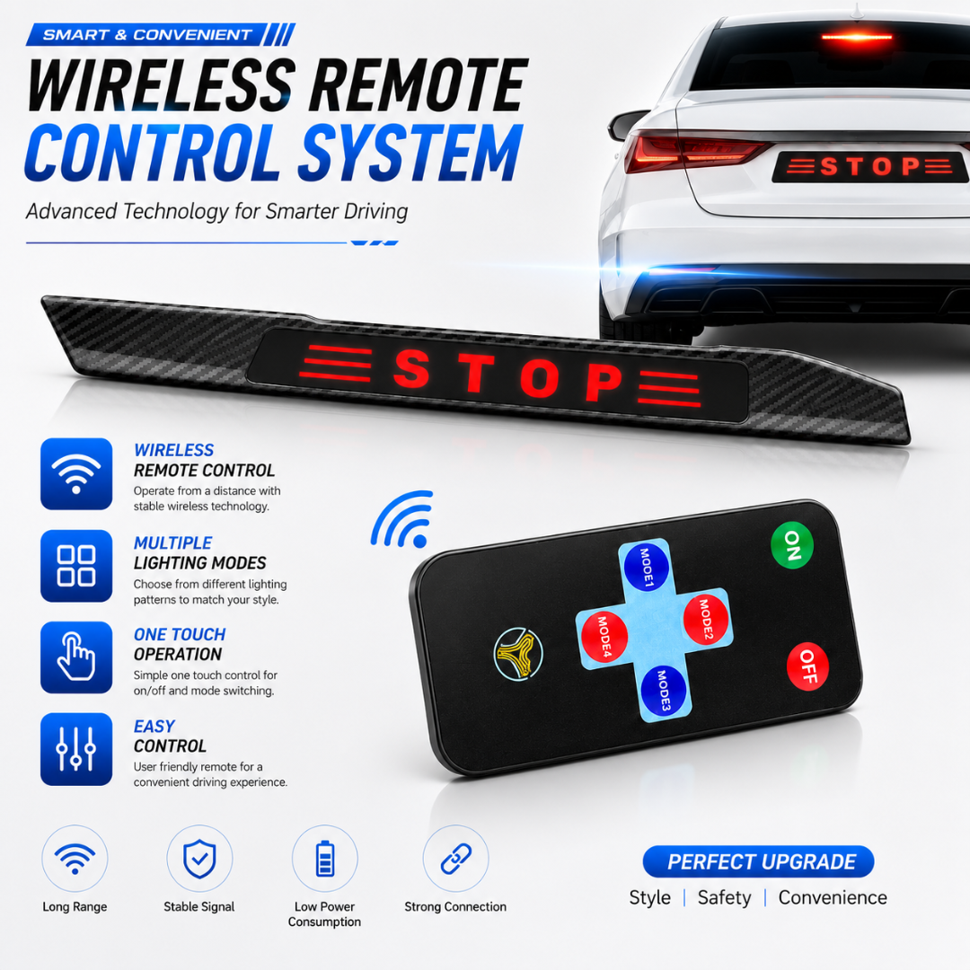 AUTOPOWERZ wireless remote control system with mode buttons shown next to white sedan with illuminated STOP logo tail light.
