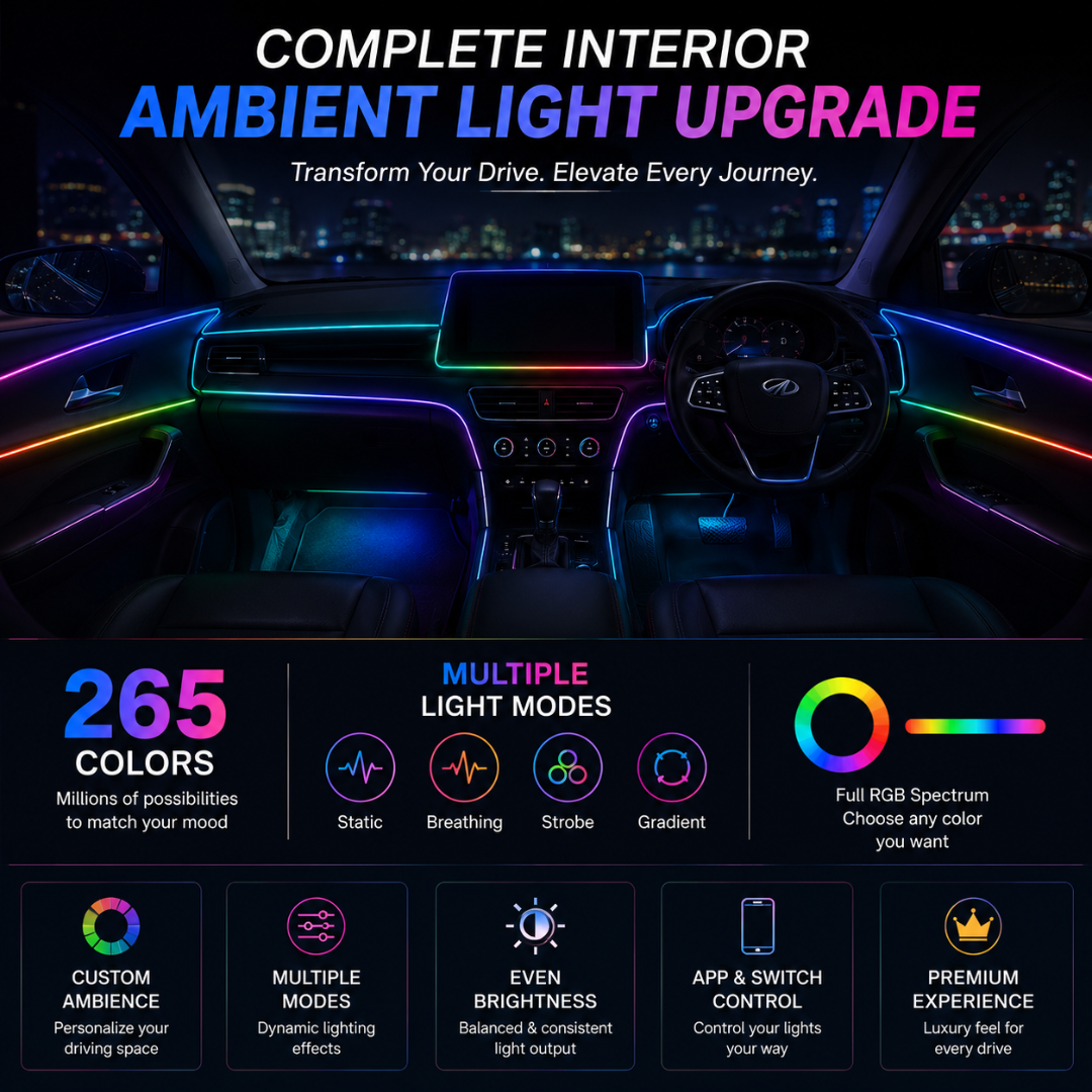 Before versus after interior lighting comparison of SUV cabin showing stock dark interior versus vibrant multi-color RGB ambient lighting.