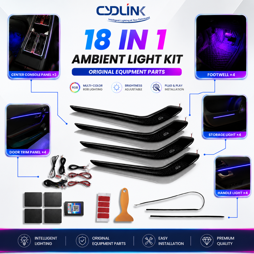 Package breakdown showing Autopowerz XUV700 18-in-1 ambient light 4 door trim panels, center console panel, footwell lights, storage lights, handle lights, and controllers.