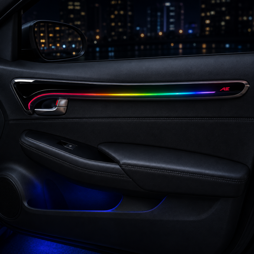 Nighttime close-up view of Mahindra XUV700 interior door panel showing custom illuminated door trim strip and storage pocket glow.