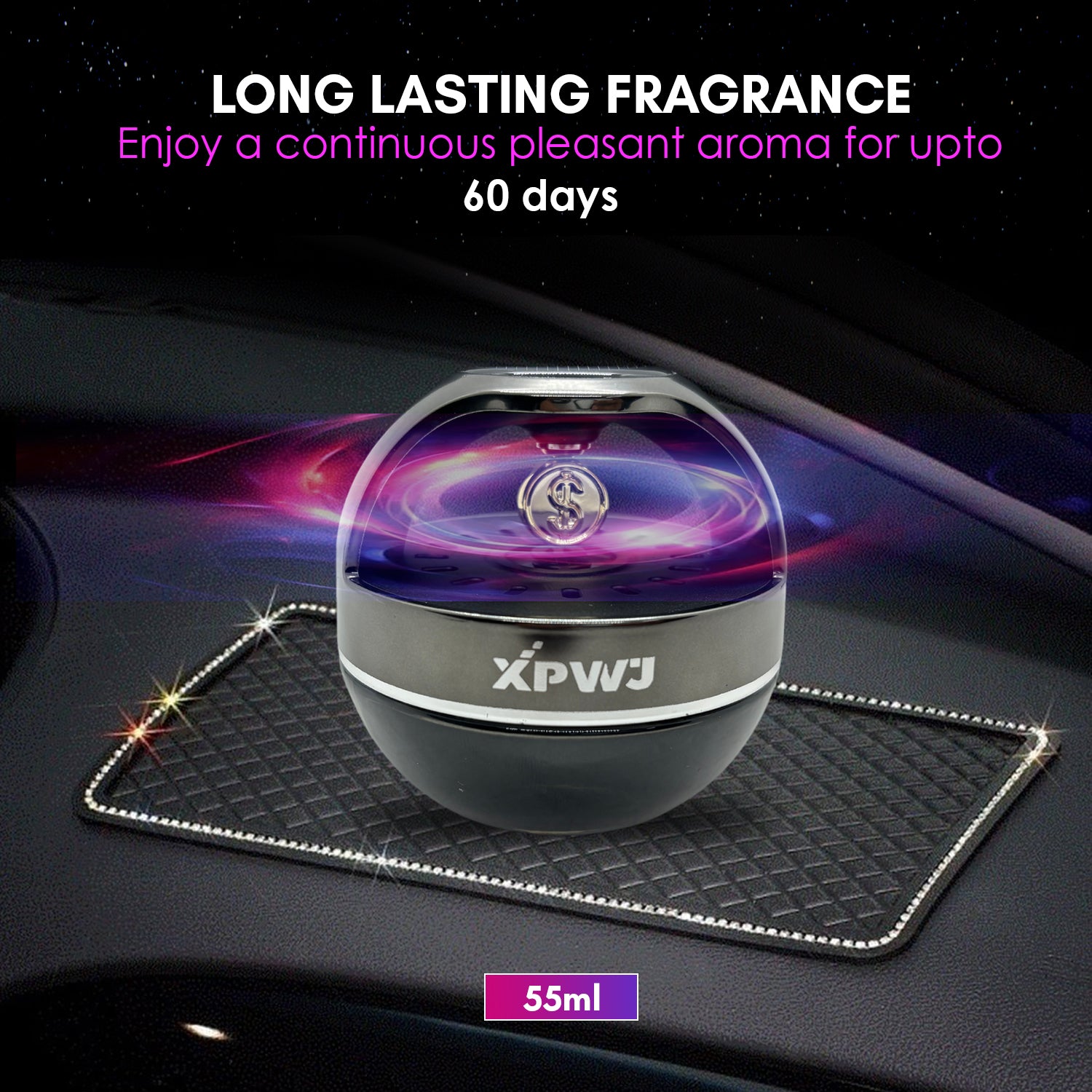 Car Dashboard Perfume/Air Fresheners 55mL with Solar Rotating Money Symbol Long Lasting Fragrance Up to 60 Days (Pack of 1, Black)