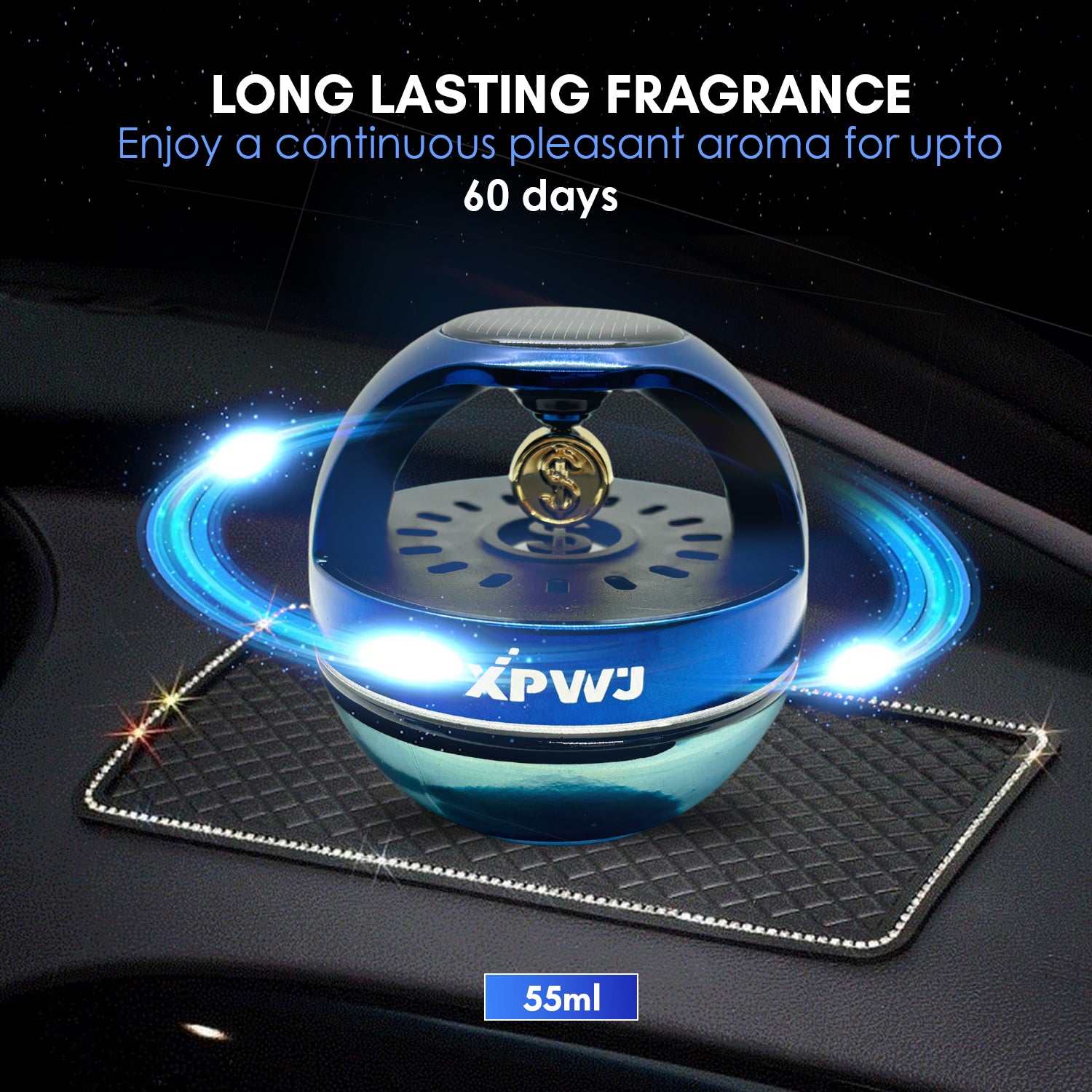 Car Dashboard Perfume/Air Fresheners 55mL with Solar Rotating Money Symbol Long Lasting Fragrance Up to 60 Days (Pack of 1, Blue)