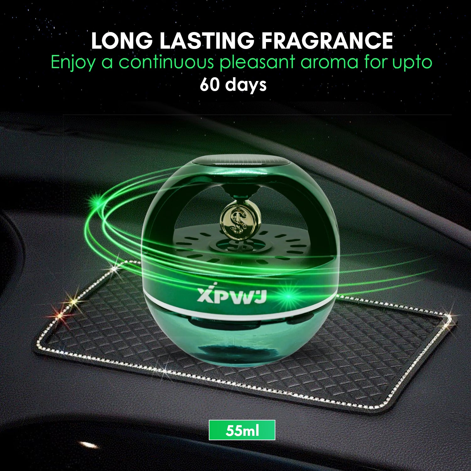 Car Dashboard Perfume/Air Fresheners 55mL with Solar Rotating Money Symbol Long Lasting Fragrance Up to 60 Days (Pack of 1, Green)