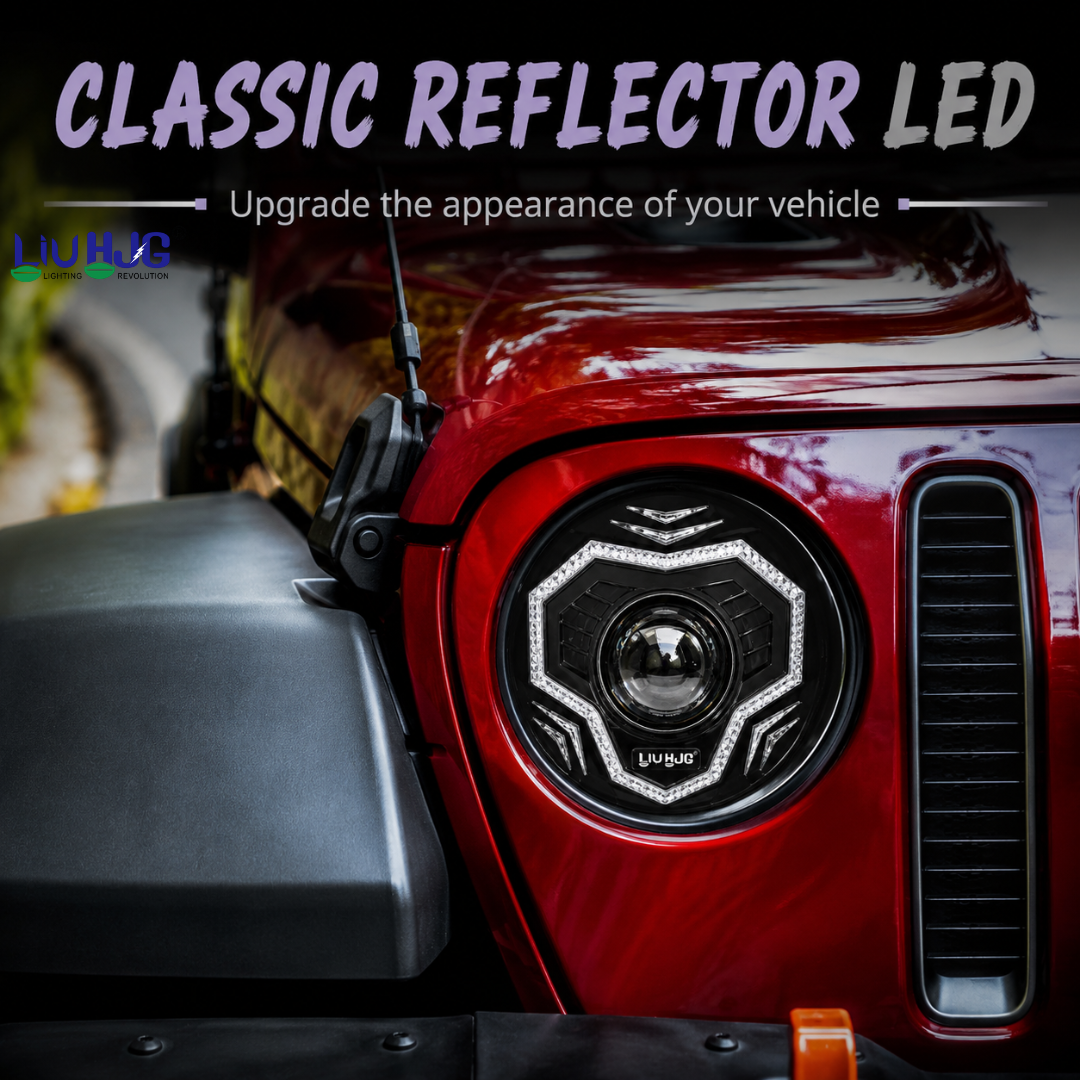 7 inch round LED headlight installed in red Jeep Wrangler front grille.