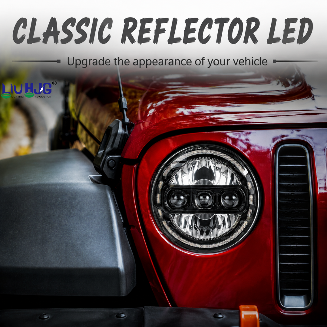7 inch round LED headlight installed in red Jeep Wrangler front grille.