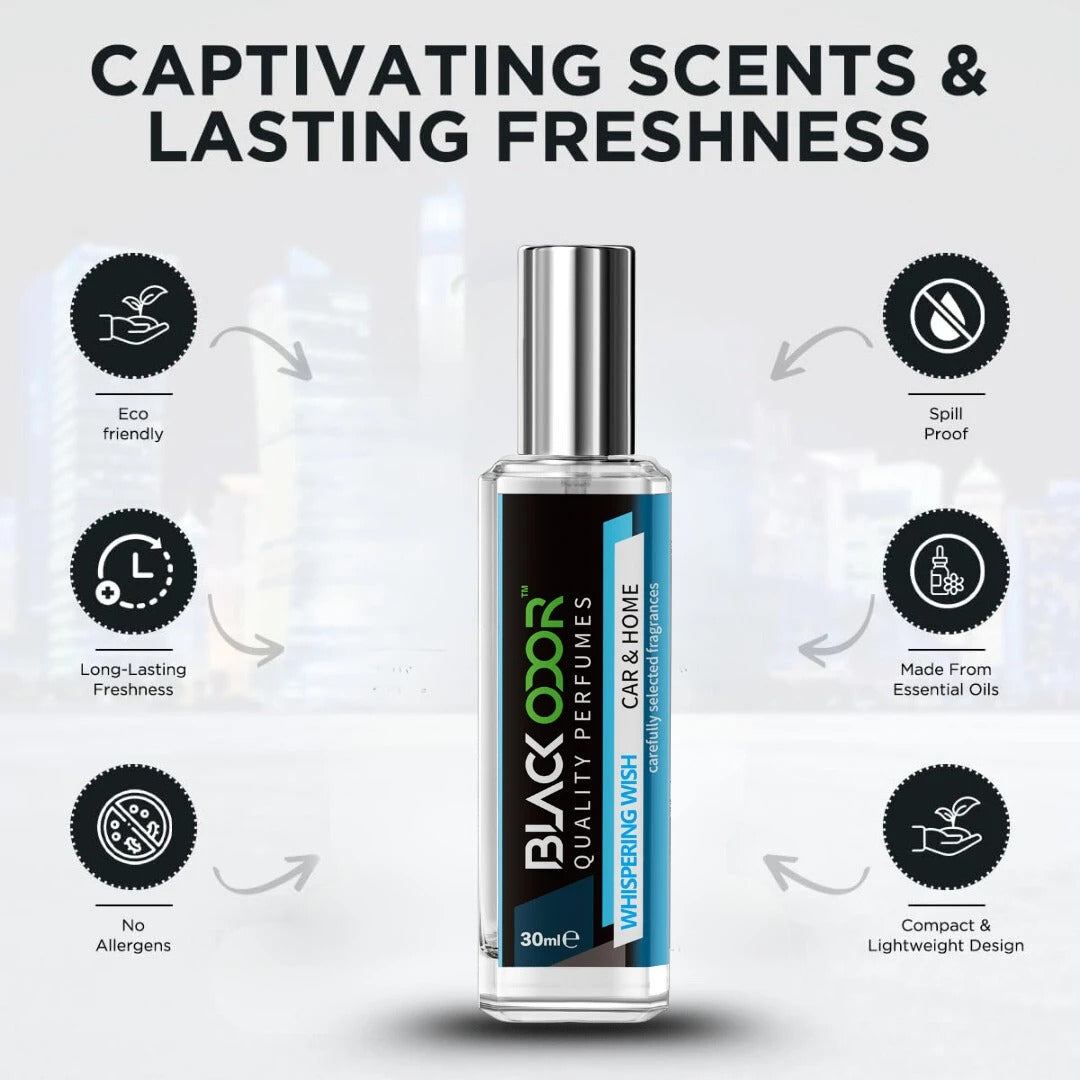 Whispering Wish car air freshener, BLACK ODOR BO-34 freshener spray, natural car perfume, long-lasting car fragrance spray, bold and refreshing car scent, premium car deodorizer, car interior freshener spray, odor eliminator for car, BLACK ODOR Whispering Wish fragrance, car dashboard air freshener, luxury car freshener spray, soothing car aroma, daily use car air freshener, fresh car scent spray, BO-34 BLACK ODOR air freshener.