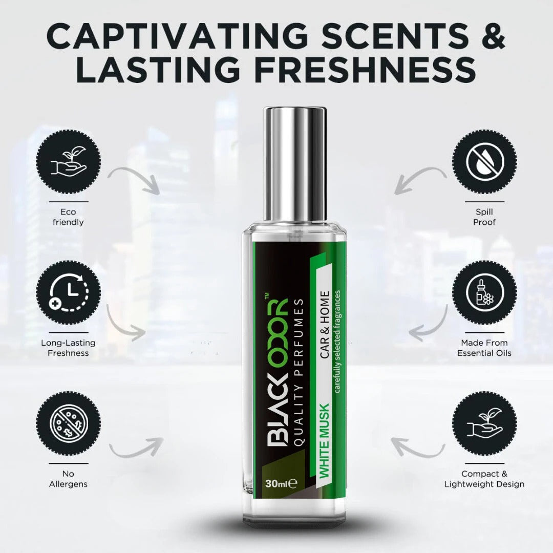 White Musk car air freshener, BLACK ODOR BO-34 spray, natural car fragrance, long-lasting car perfume, bold musk scent for car, refreshing car air freshener, premium car deodorizer spray, car interior odor eliminator, luxury musk car scent, WHITE MUSK car perfume spray, dashboard air freshener, BO-34 BLACK ODOR air freshener, natural car aroma spray, smooth musk fragrance for cars, everyday car freshener spray.