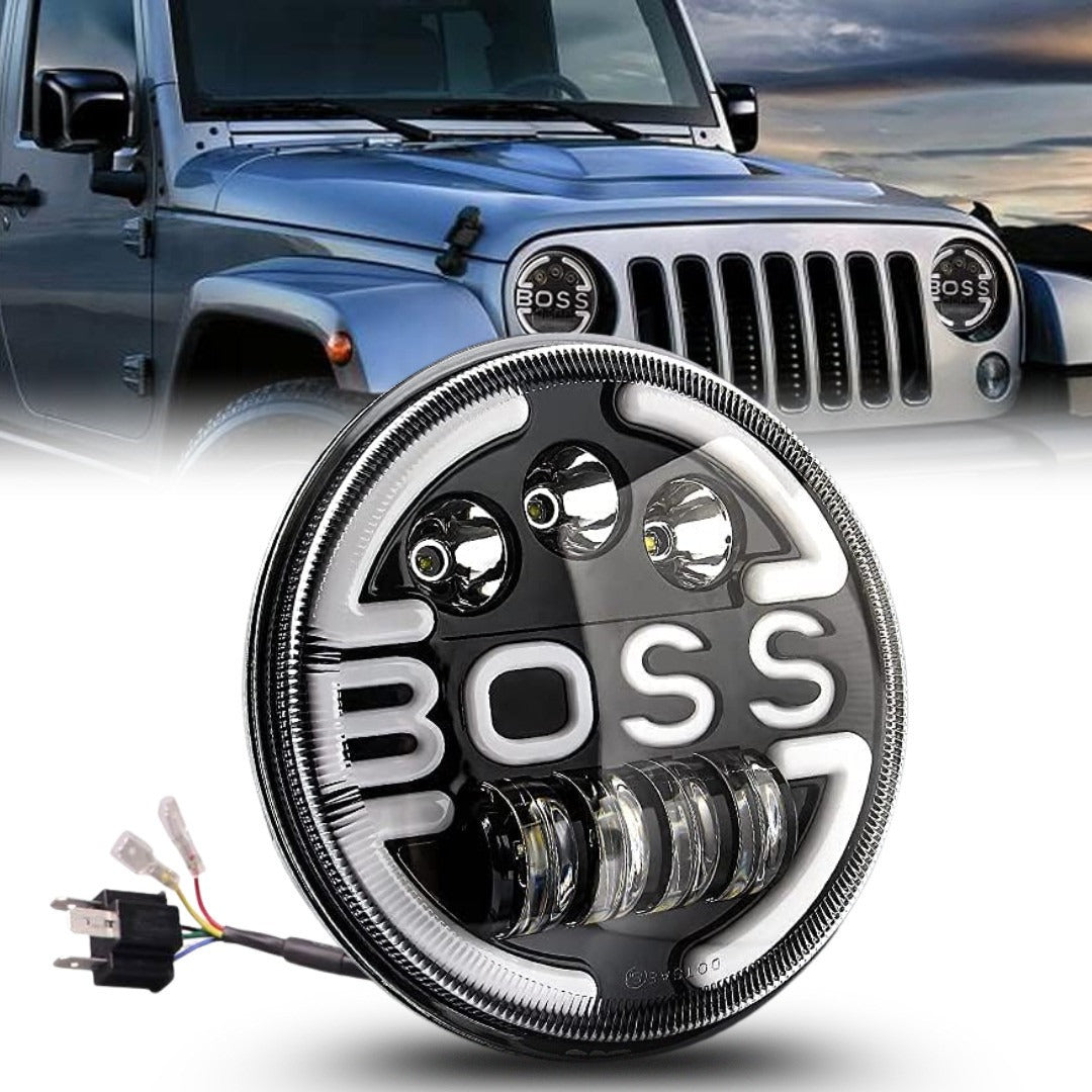 LIU HJG BOSS Logo Headlight, 7 Inch Round LED Headlight, Royal Enfield LED Headlight, Bullet 350 Headlight, Mahindra Classic 500 Headlight, Jeep Thar LED Light, HJG Round LED Headlamp, BOSS Logo Bike Headlight, Universal 7 Inch LED Headlight, Powerful LED Headlight for Bullet, HJG Motorcycle Headlight, Off-Road LED Light for Jeep.