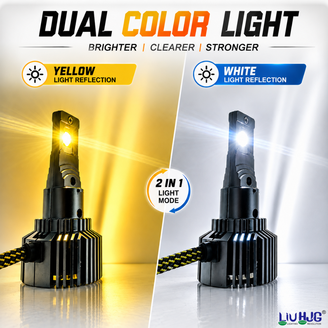 Dual color beam demonstration showing 3000K yellow light reflection for fog and 6000K white light reflection for clear roads.
