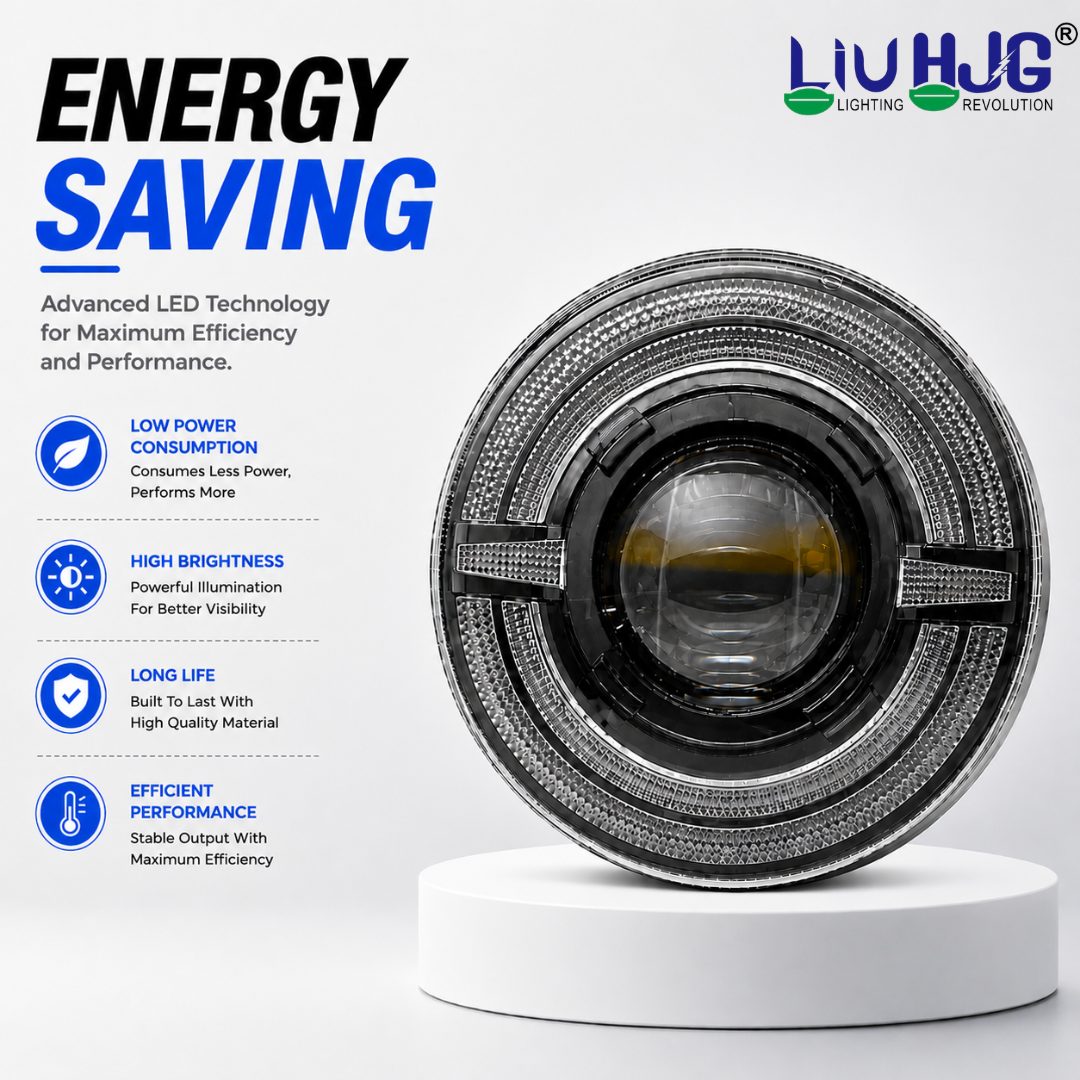 Graphic demonstrating energy efficiency of 7 inch round LED headlight.