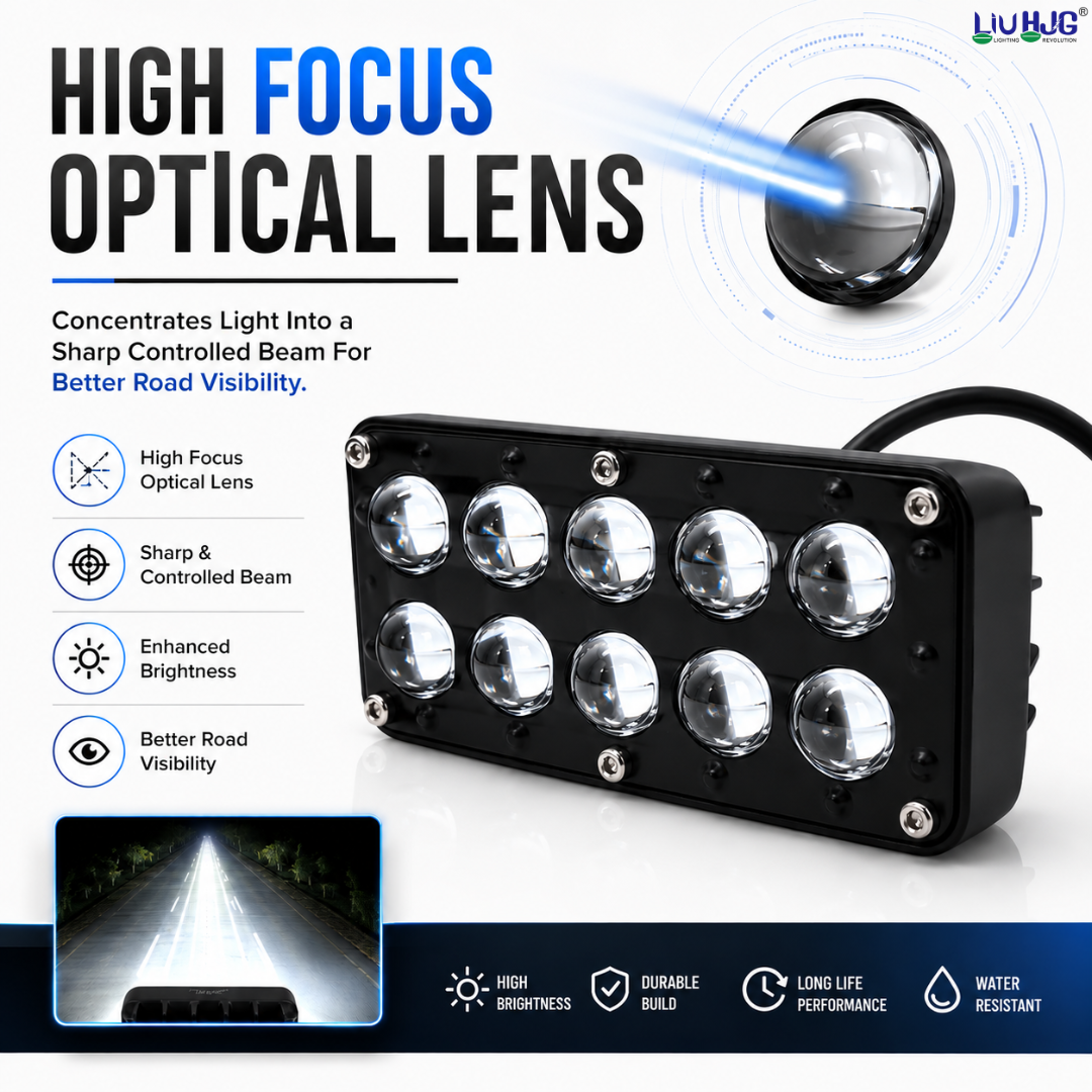 10 LED high focus optical glass lens array demonstrating focused light beam projection.