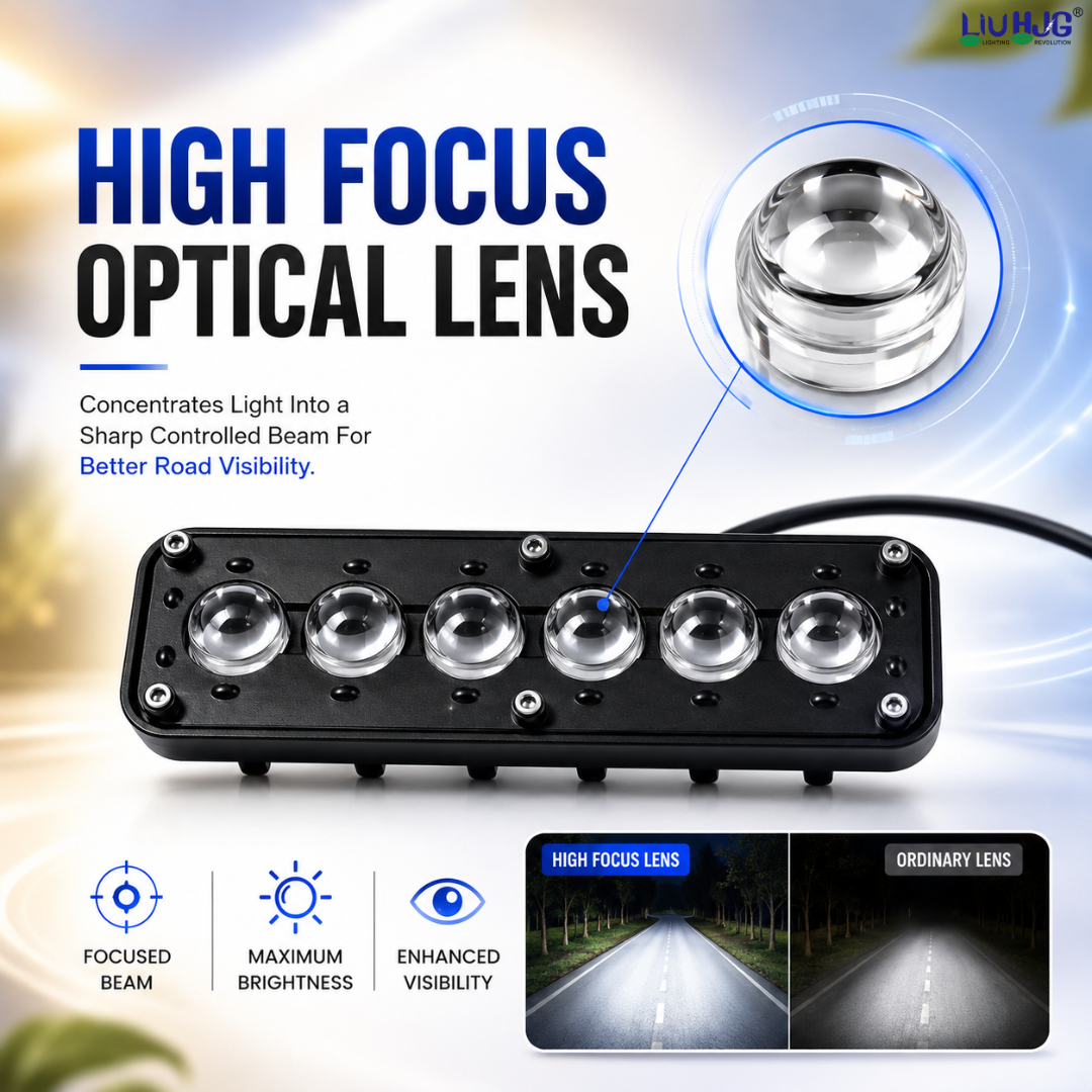 6 LED high focus optical glass lens array demonstrating focused light beam projection.