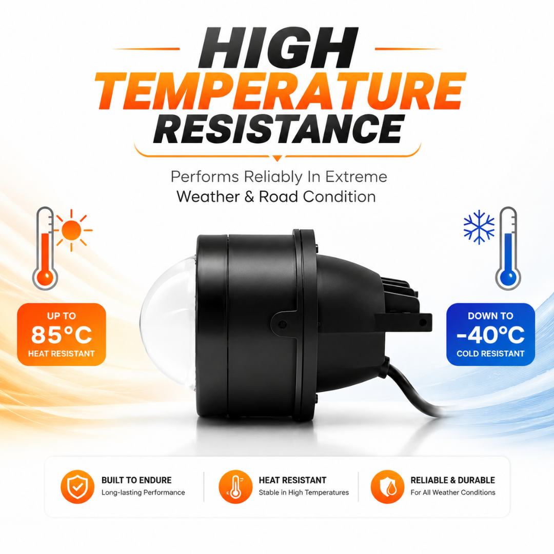 Side view of 3 inch LED projector fog light showing extreme heat and cold weather resistance.
