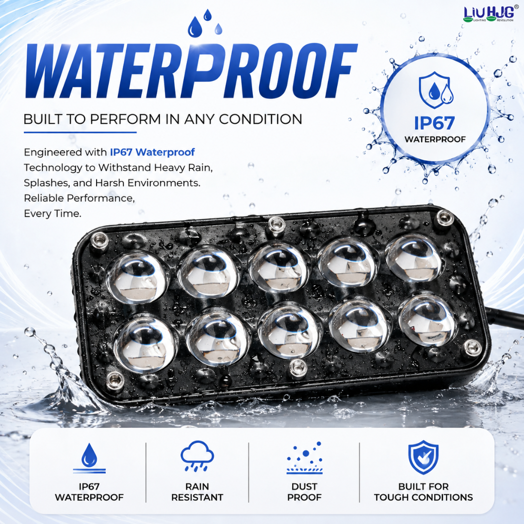 IP67 waterproof test on 30W 10 LED fog light showing water splash resistance.