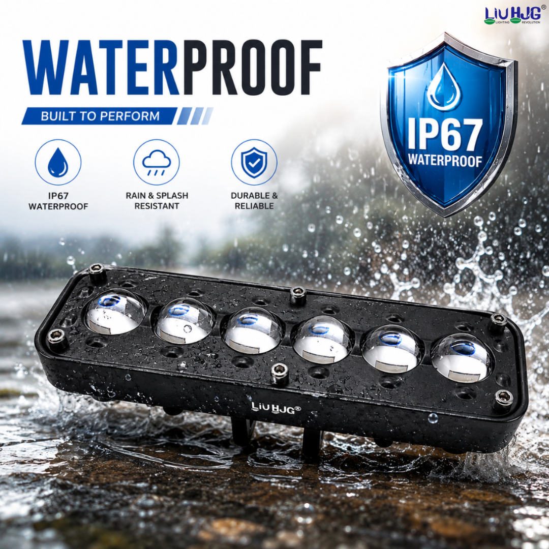 IP67 waterproof test on 30W 6 LED fog light showing water splash resistance.
