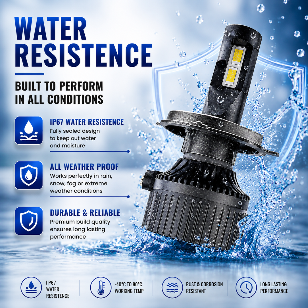 IP67 waterproof test on 65W mini LED headlight bulb showing water splash resistance.
