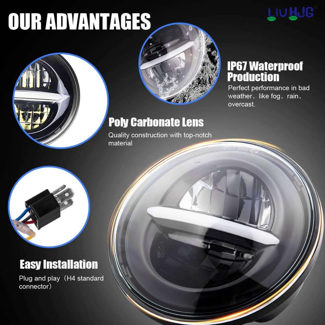 LIU HJG® 7 Inch 90W Round LED Headlight with Minus DRL & Amber Indicator for Thar & Bullet (Pack of 1)