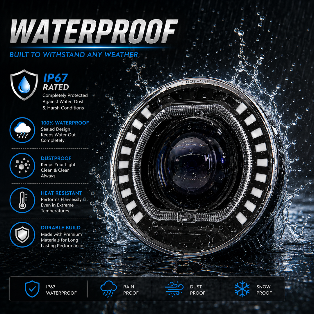 IP67 waterproof test on 7 inch round LED headlight showing water splash resistance.