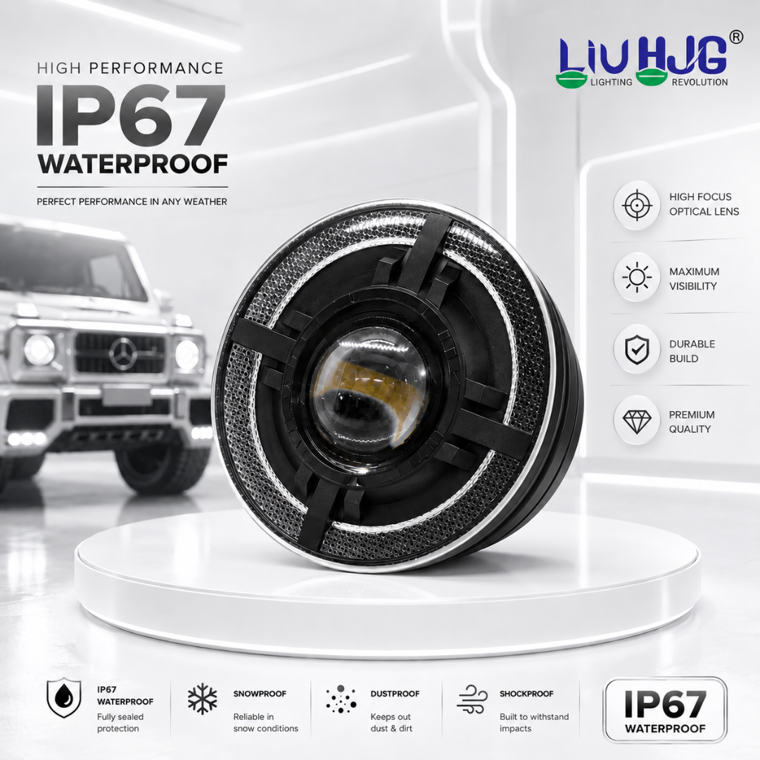 IP67 waterproof test on 7 inch round LED headlight showing water splash resistance.