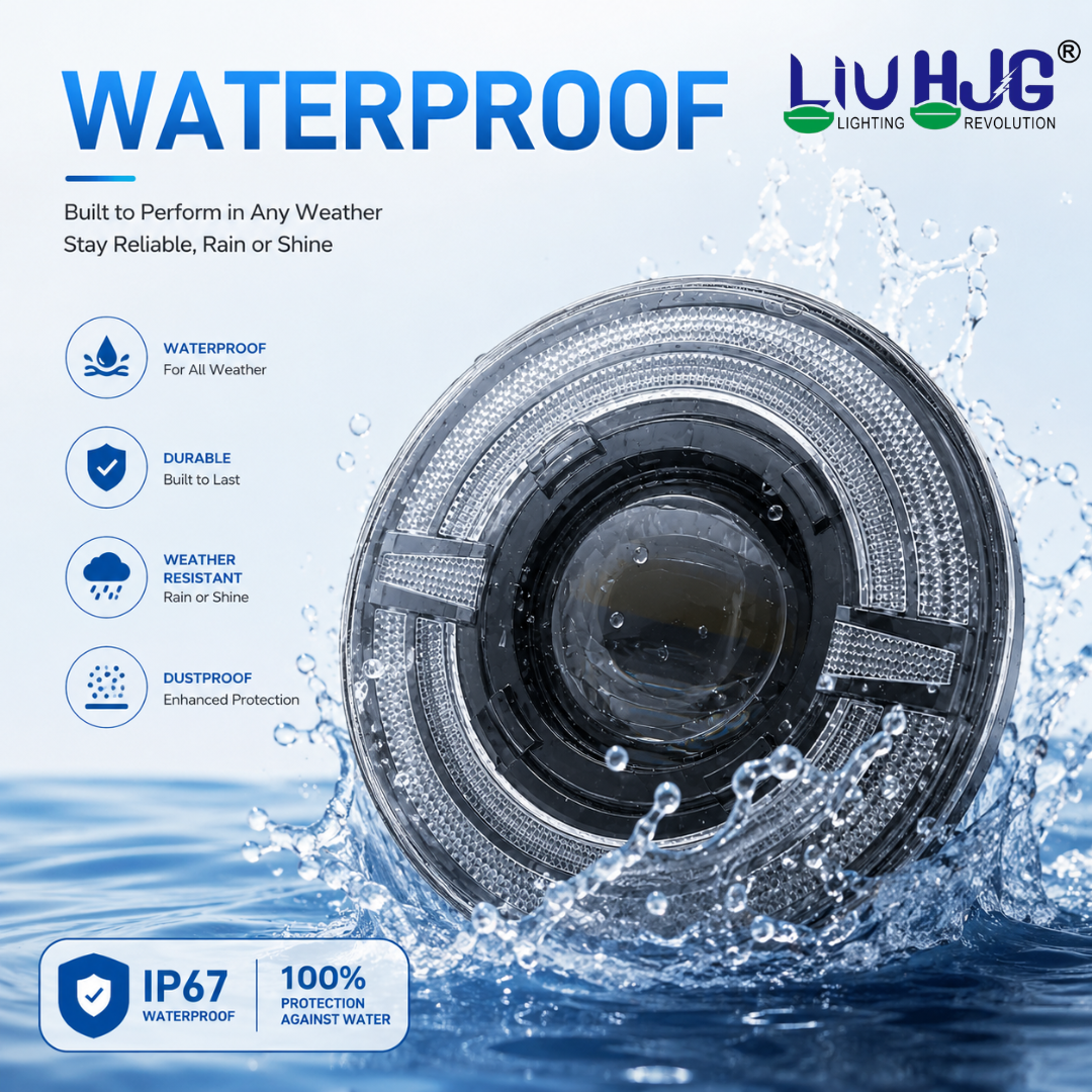 IP67 waterproof test on 7 inch round LED headlight showing water splash resistance.
