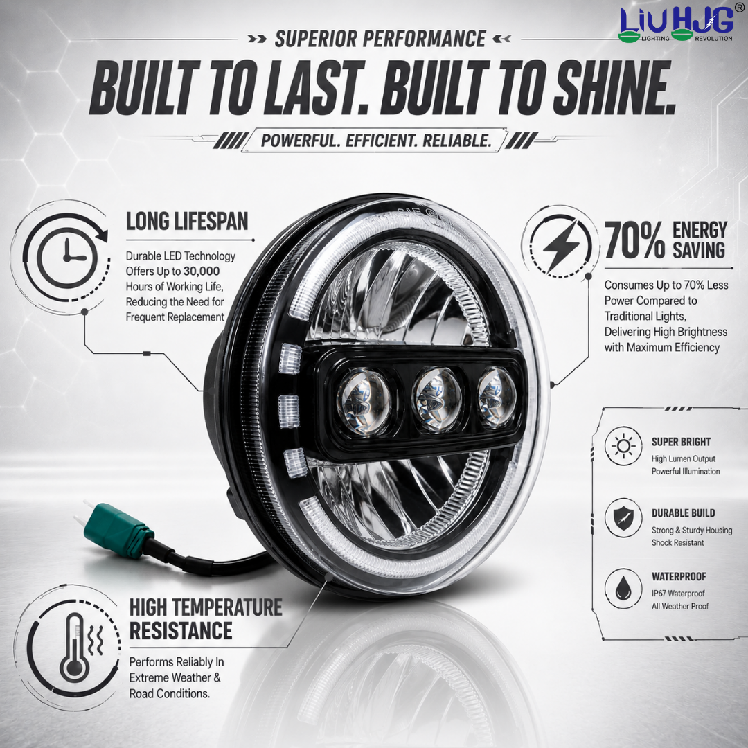 Features graphic highlighting 30,000 hours lifespan, 70 percent energy saving, shock resistance, and IP67 waterproof build.