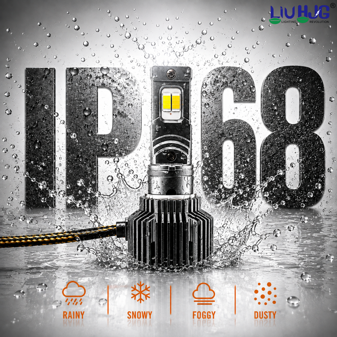 IP68 waterproof test on 60W dual color LED headlight bulb showing water splash resistance in heavy rain and fog.