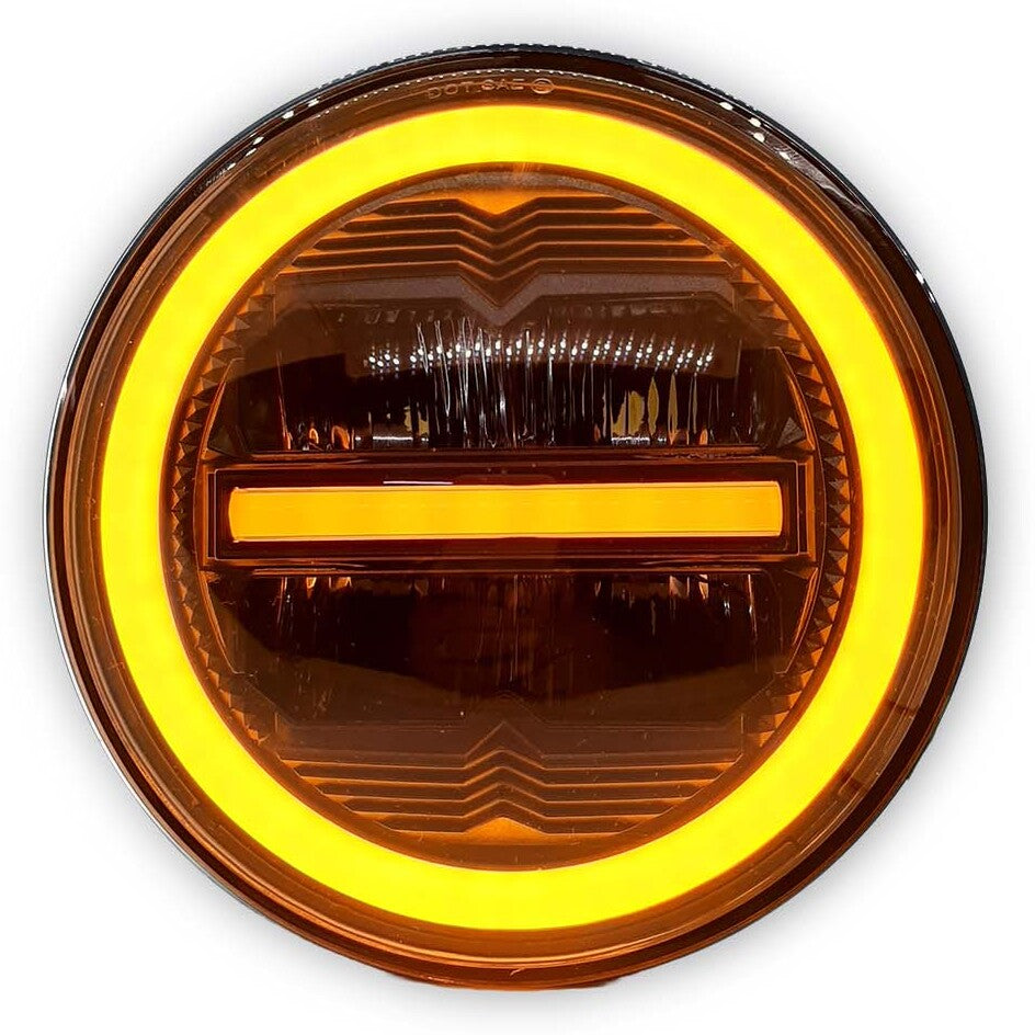 7 inch LED headlight for Royal Enfield, Mahindra Thar LED headlight, 100W round LED headlight, Amber White DRL headlight, 12V–80V AC/DC LED headlight, waterproof bike LED light, high power motorcycle headlamp, Royal Enfield Thar headlight upgrade, round LED headlight with DRL, dual color LED headlight for bikes and cars, off-road LED headlight, universal LED headlight 7 inch, LED projector headlight for Thar, bright white LED bike headlight, DRL headlight for motorcycles.