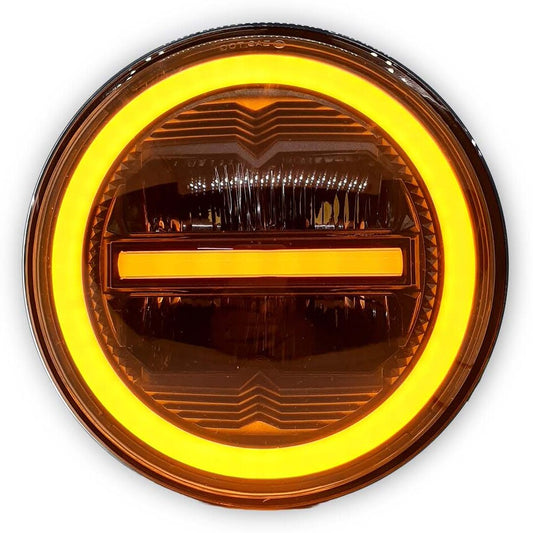 7 inch LED headlight for Royal Enfield, Mahindra Thar LED headlight, 100W round LED headlight, Amber White DRL headlight, 12V–80V AC/DC LED headlight, waterproof bike LED light, high power motorcycle headlamp, Royal Enfield Thar headlight upgrade, round LED headlight with DRL, dual color LED headlight for bikes and cars, off-road LED headlight, universal LED headlight 7 inch, LED projector headlight for Thar, bright white LED bike headlight, DRL headlight for motorcycles.
