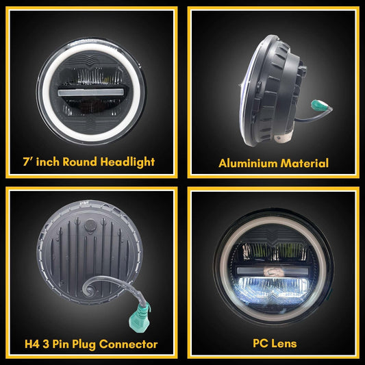 7 inch LED headlight for Royal Enfield, Mahindra Thar LED headlight, 100W round LED headlight, Amber White DRL headlight, 12V–80V AC/DC LED headlight, waterproof bike LED light, high power motorcycle headlamp, Royal Enfield Thar headlight upgrade, round LED headlight with DRL, dual color LED headlight for bikes and cars, off-road LED headlight, universal LED headlight 7 inch, LED projector headlight for Thar, bright white LED bike headlight, DRL headlight for motorcycles.