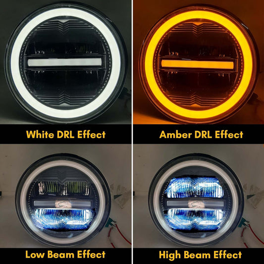 7 inch LED headlight for Royal Enfield, Mahindra Thar LED headlight, 100W round LED headlight, Amber White DRL headlight, 12V–80V AC/DC LED headlight, waterproof bike LED light, high power motorcycle headlamp, Royal Enfield Thar headlight upgrade, round LED headlight with DRL, dual color LED headlight for bikes and cars, off-road LED headlight, universal LED headlight 7 inch, LED projector headlight for Thar, bright white LED bike headlight, DRL headlight for motorcycles.