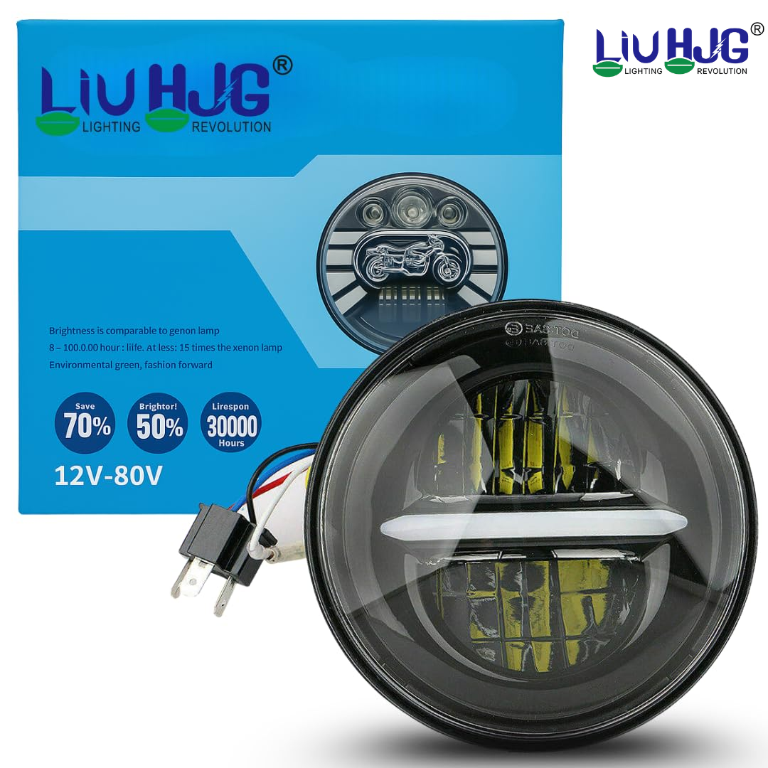 LIU HJG® 7 Inch 90W Round LED Headlight with Minus DRL & Amber Indicator for Thar & Bullet (Pack of 1)