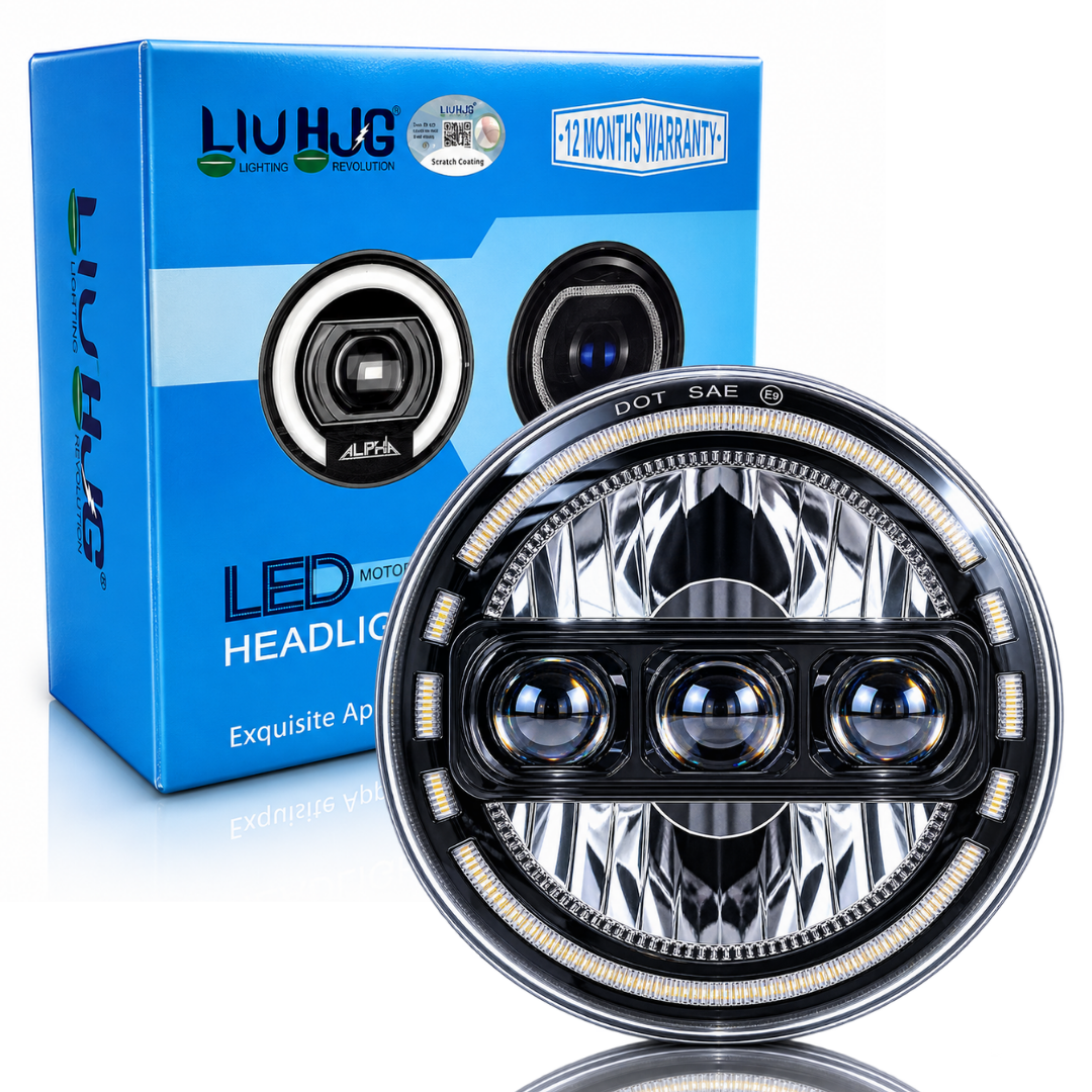 LIU HJG 7 Inch 78W Round LED headlight with triple projector lens optics, H4 wiring harness, and retail box sold by authorized seller Autopowerz.