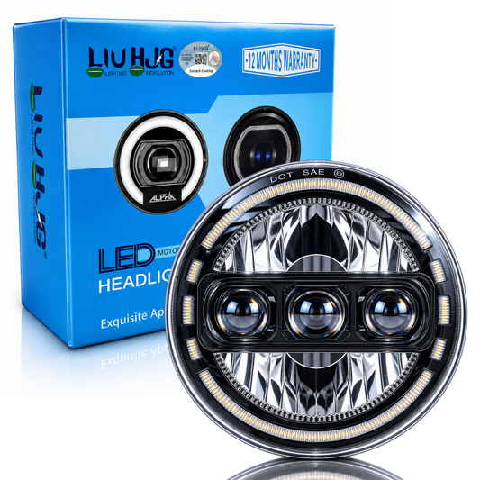 LIU HJG 7 Inch 78W Round LED headlight with triple projector lens optics, H4 wiring harness, and retail box sold by authorized seller Autopowerz.