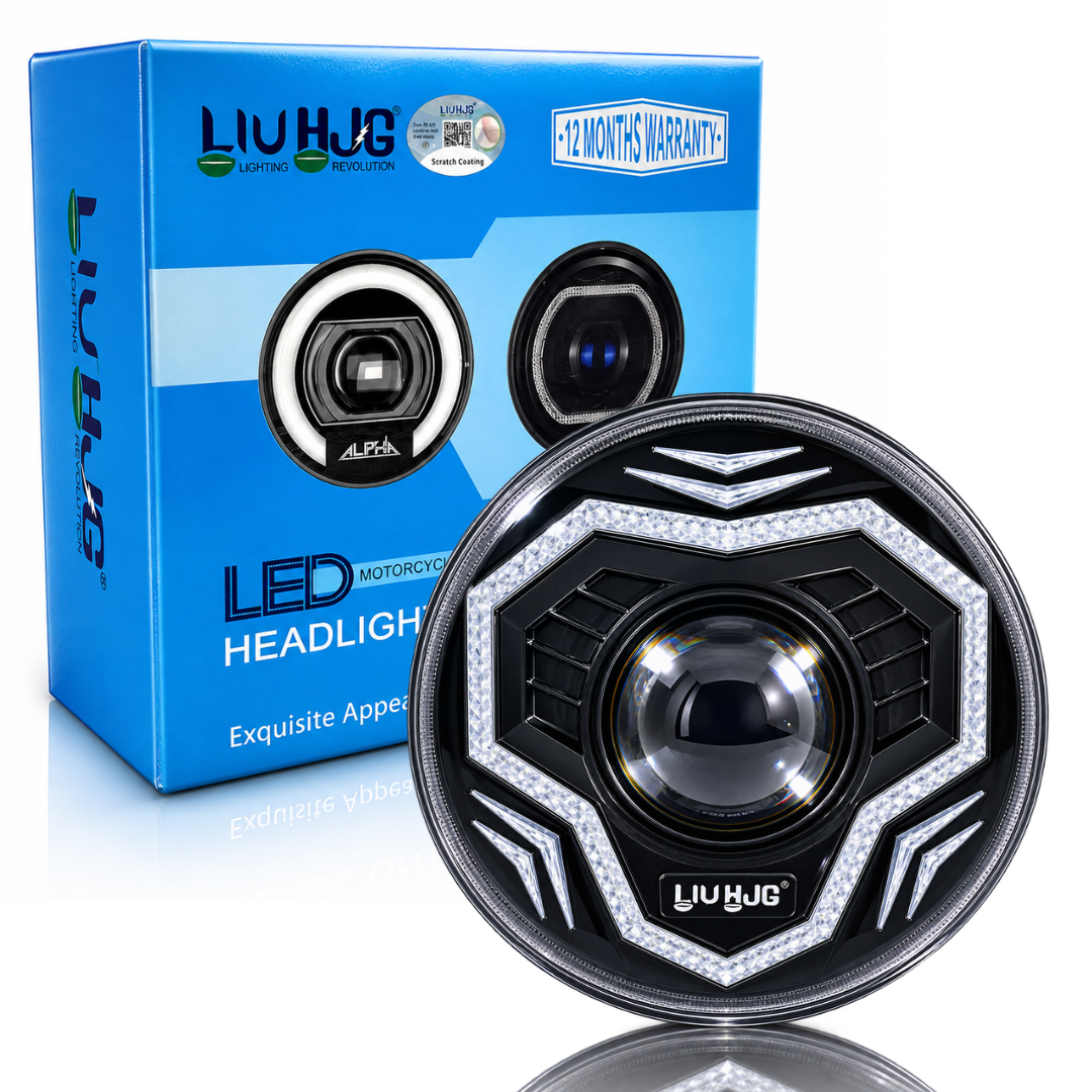 LIU HJG 7 Inch 62W Round LED headlight with multicolor DRL ring, H4 wiring harness, and retail box sold by authorized seller Autopowerz.