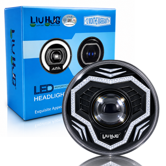 LIU HJG 7 Inch 62W Round LED headlight with multicolor DRL ring, H4 wiring harness, and retail box sold by authorized seller Autopowerz.