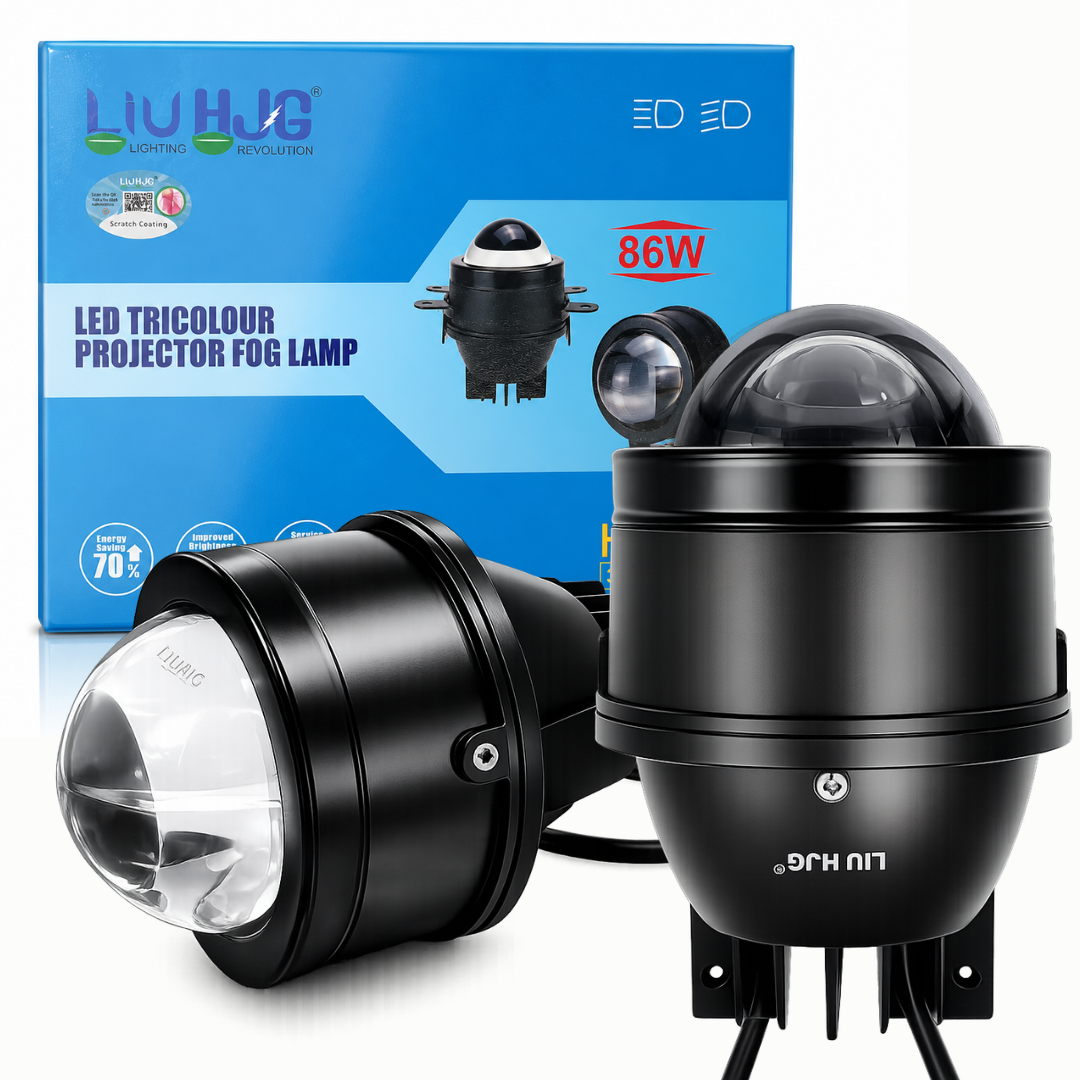 LIU HJG J162 3 Inch Tri-Color LED projector fog lamp set with retail packaging sold by authorized seller Autopowerz.