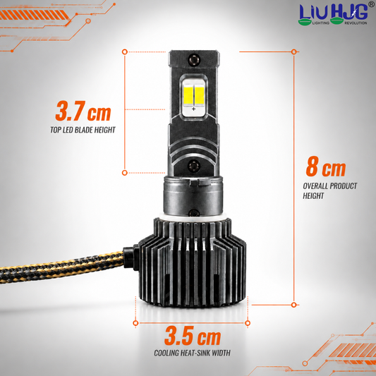 Product dimension diagram showing 60W dual color LED headlight bulb measuring 8 cm overall height and 3.5 cm base width.