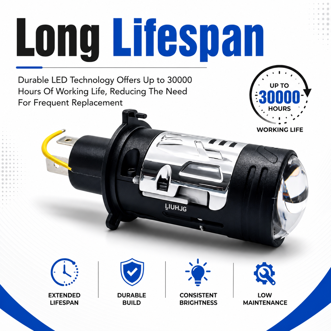 LIU HJG N18 H4 LED projector bulb highlighting 30000 hours operational working lifespan.